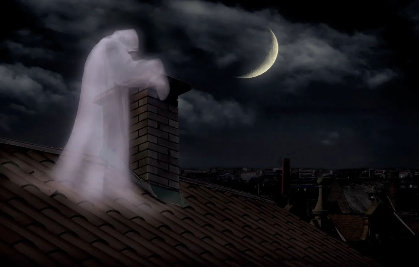 Photo wallpaper night, pipe, Ghost, ghost, brick, lunar Eclipse, on the roof, Ghost