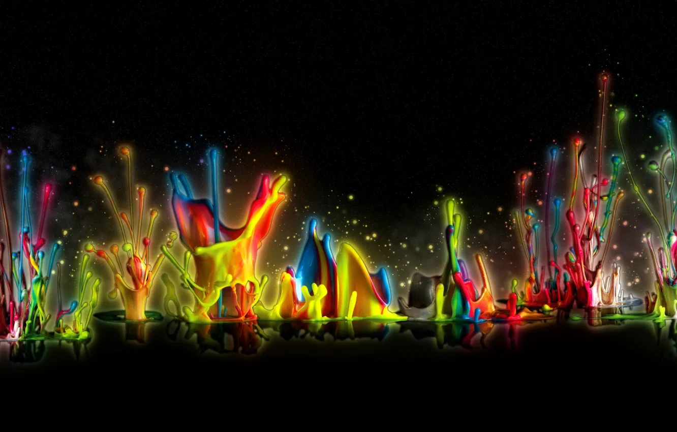 Photo wallpaper drops, reflection, rendering, paint, splash, black background, the colors of the rainbow