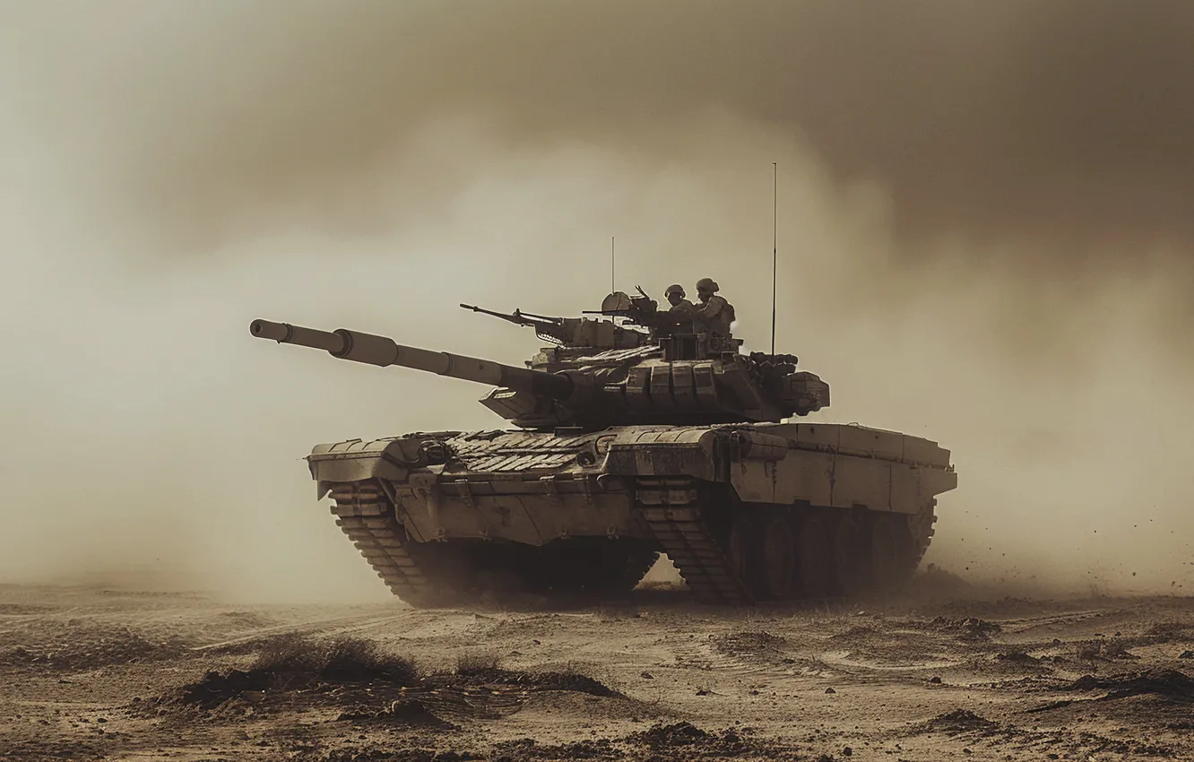 Photo wallpaper dust, soldiers, tank, tankers, digital art, AI art, The Art of Artificial Intelligence, neural network