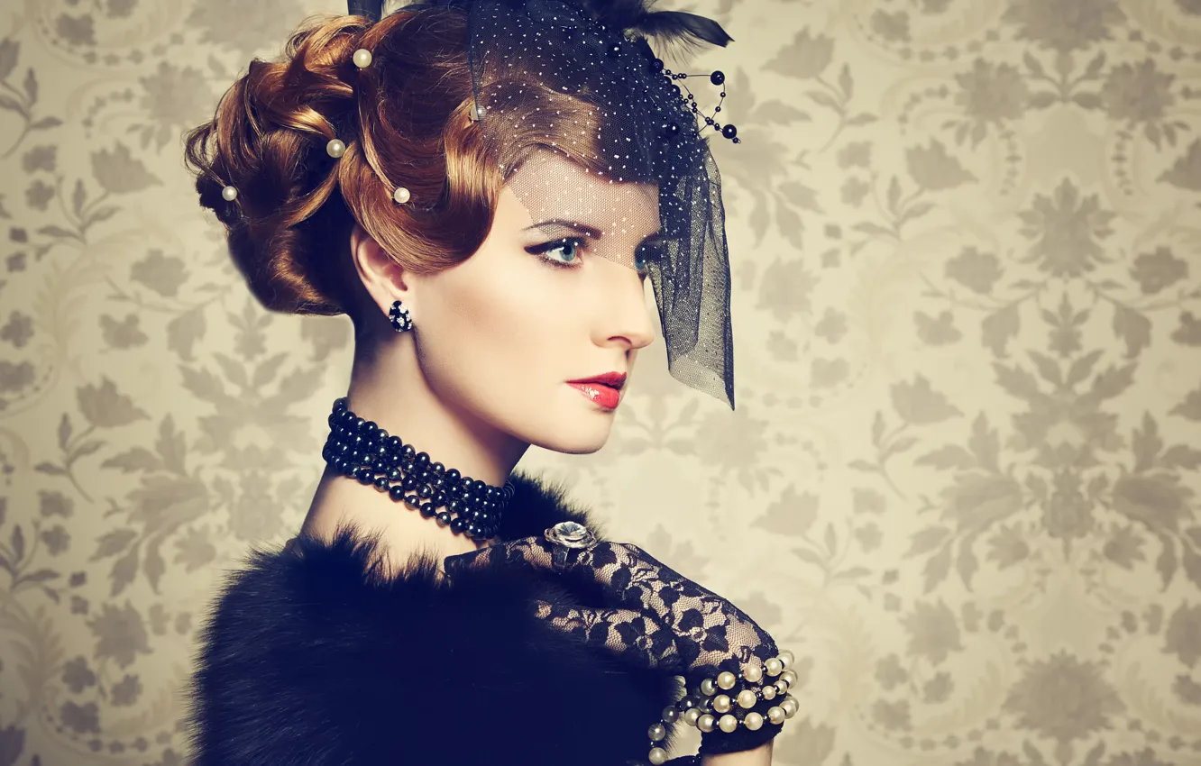 Photo wallpaper retro, portrait, makeup, hat, veil, vintage style