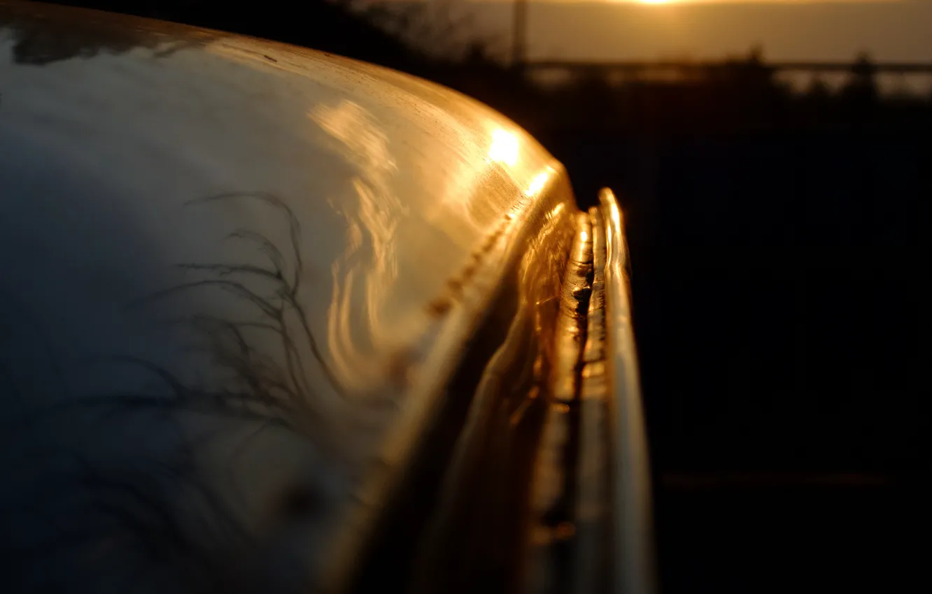 Photo wallpaper the sky, trees, clouds, reflection, posts, the fence, home, car