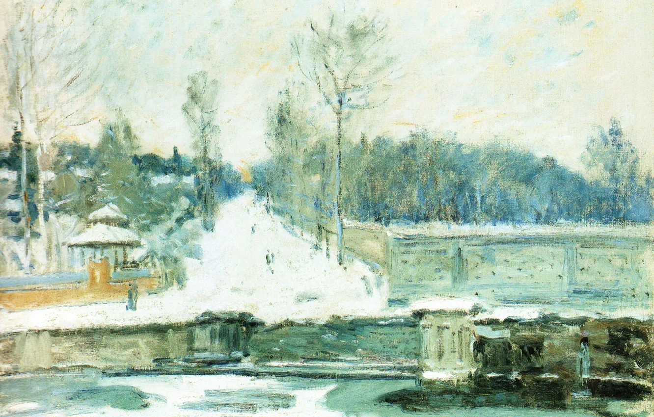 Photo wallpaper winter, landscape, picture, Alfred Sisley, Alfred Sisley, Dam in Marly-Le-ROI