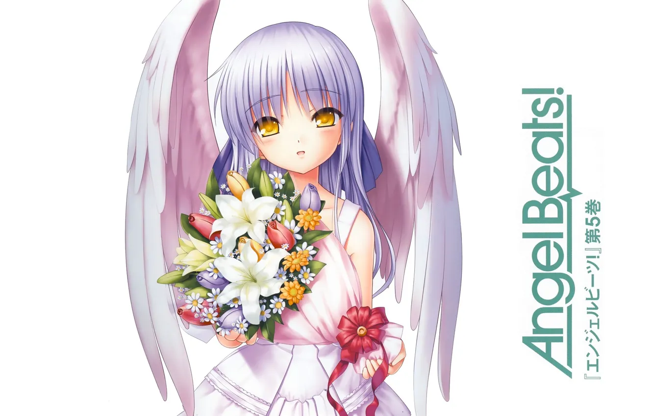 Photo wallpaper yellow eyes, wedding dress, Kanade Tachibana, white wings, Angel Beats!, the bride's bouquet, Angel Beast!, …