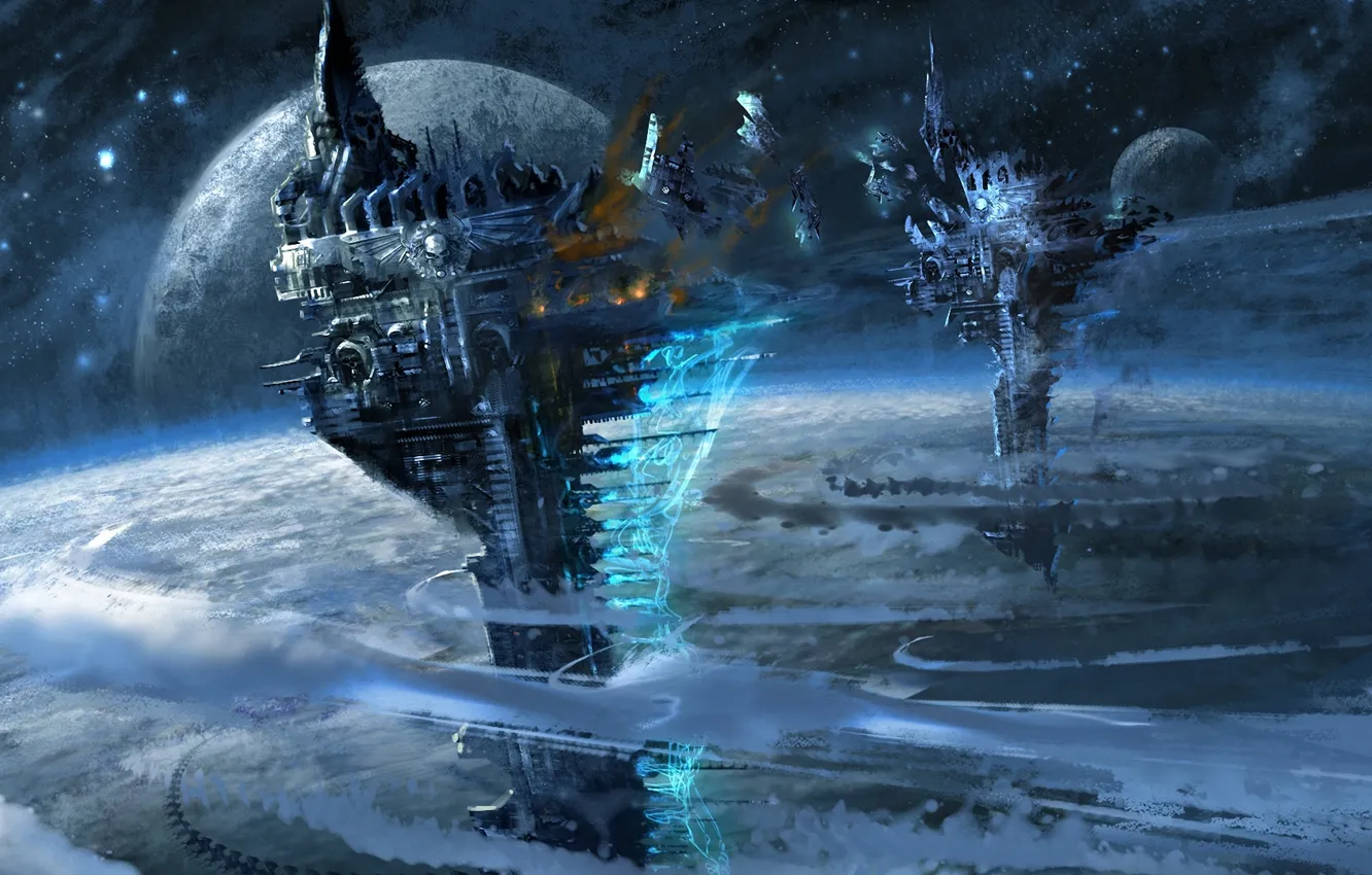Photo wallpaper space, clouds, ship, planet, construction, the atmosphere, art