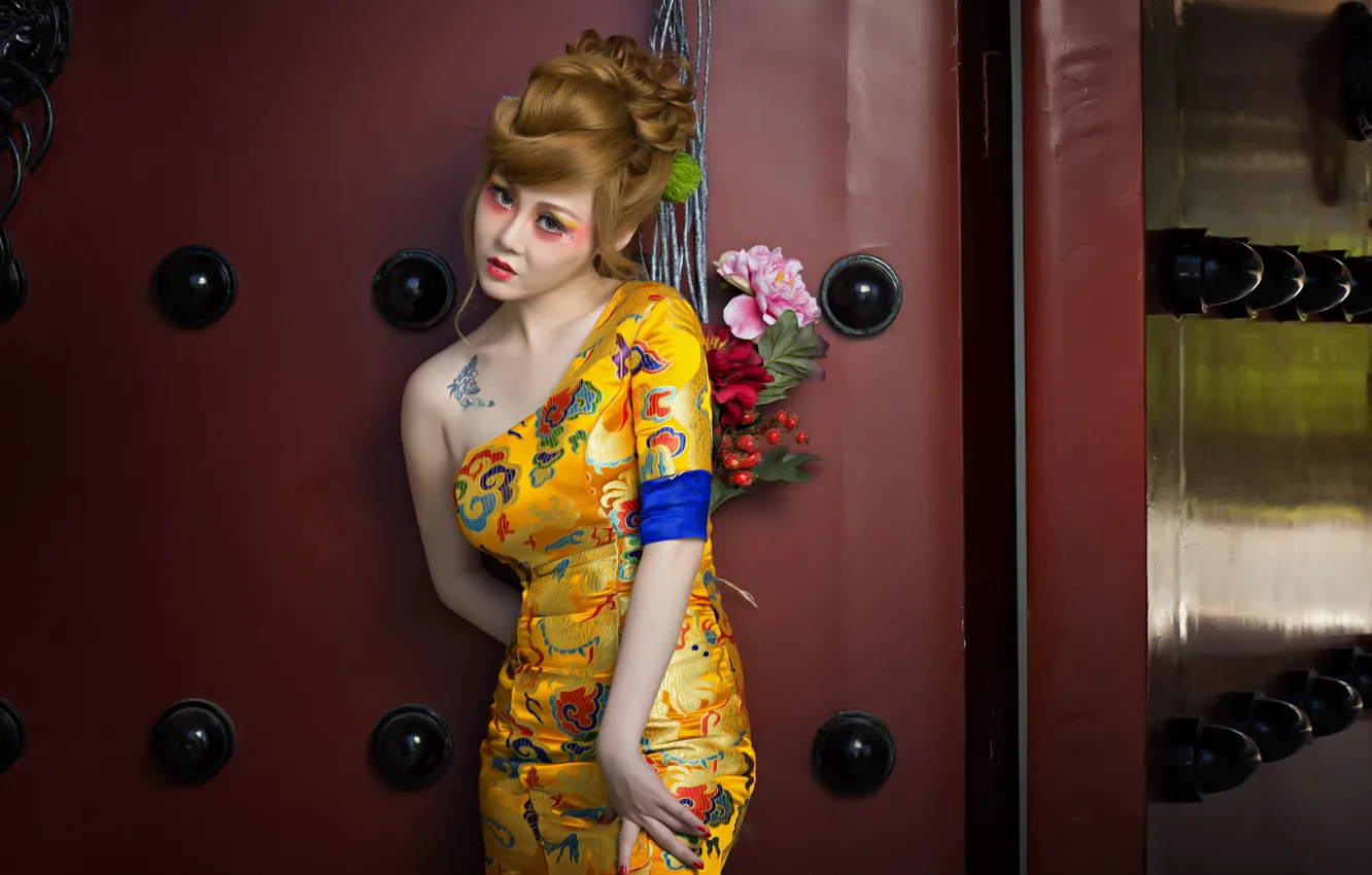 Photo wallpaper flowers, style, model, makeup, dress, tattoo, Asian, hairstyle