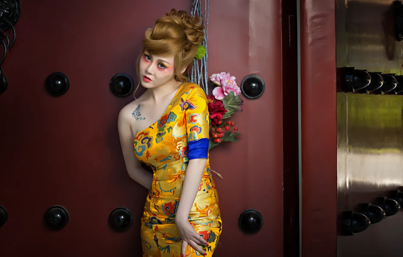 Photo wallpaper flowers, style, model, makeup, dress, tattoo, hairstyle, Asian