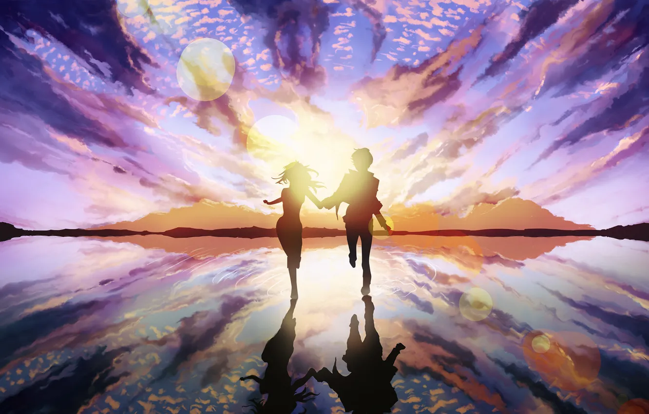 Photo wallpaper the sky, water, clouds, landscape, sunset, silhouette, painting, sky