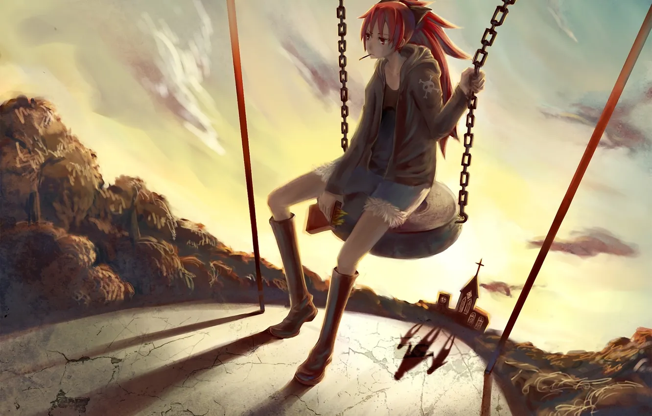 Photo wallpaper girl, swing, chain, Church, mahou shoujo madoka magica, sakura kyoukо
