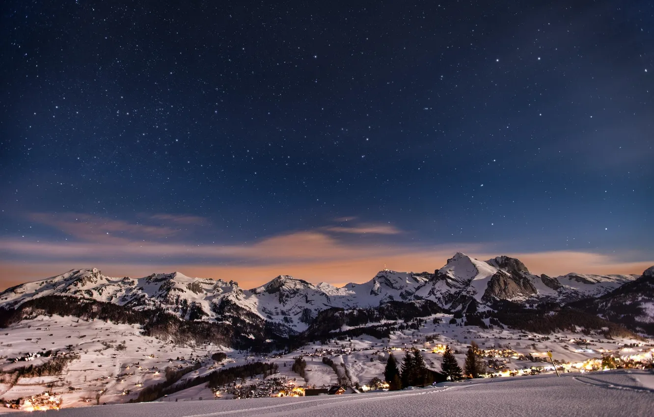 Photo wallpaper winter, snow, mountains, nature, lights, the evening, town