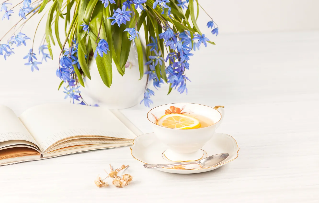 Photo wallpaper leaves, flowers, blue, lemon, tea, bouquet, spoon, Cup