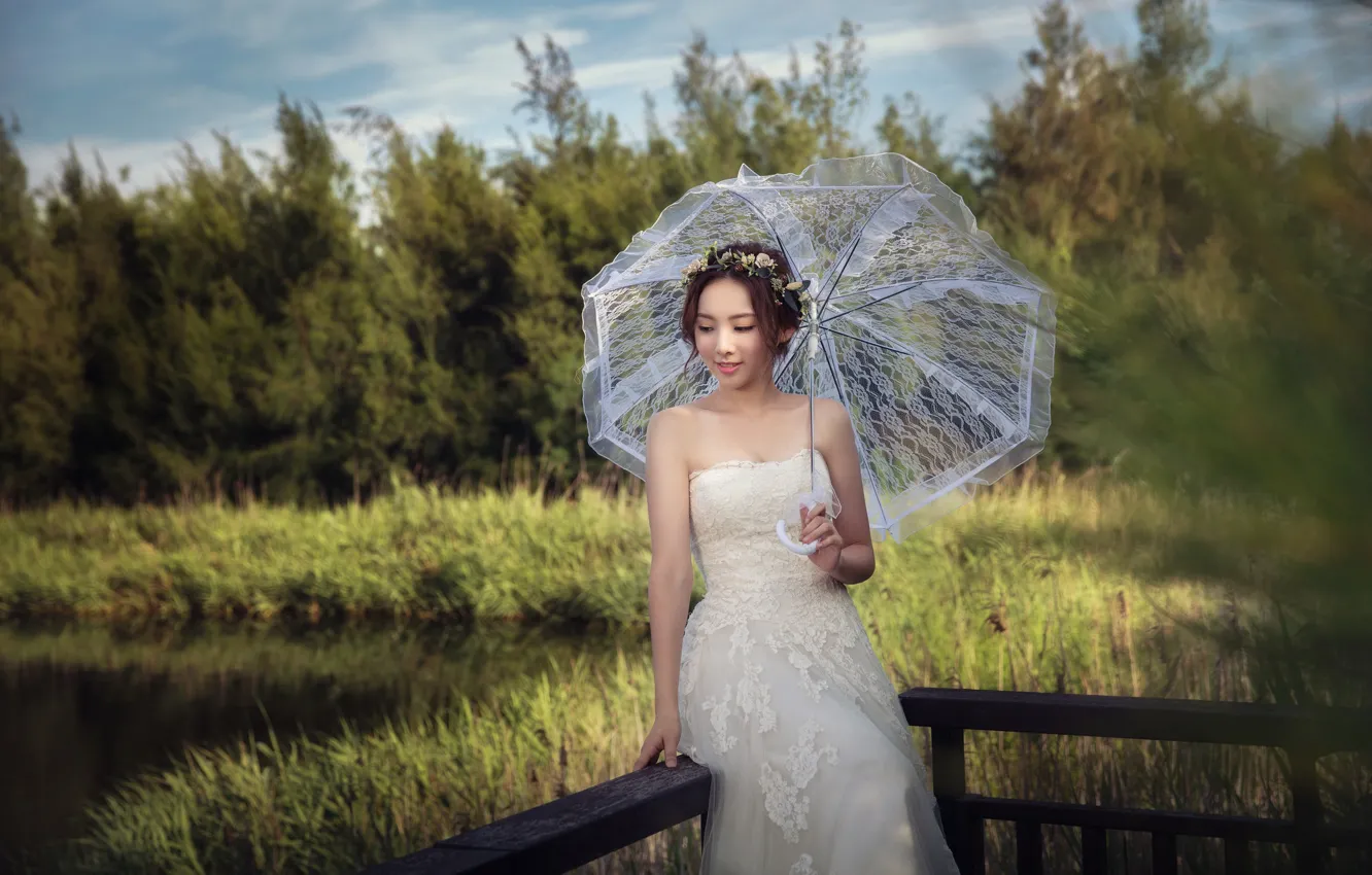 Photo wallpaper Girl, Dress, Umbrella, The bride