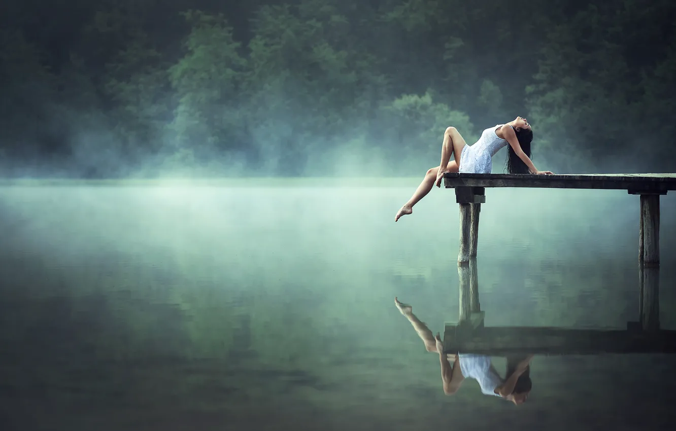 Photo wallpaper girl, lake, reflection, morning