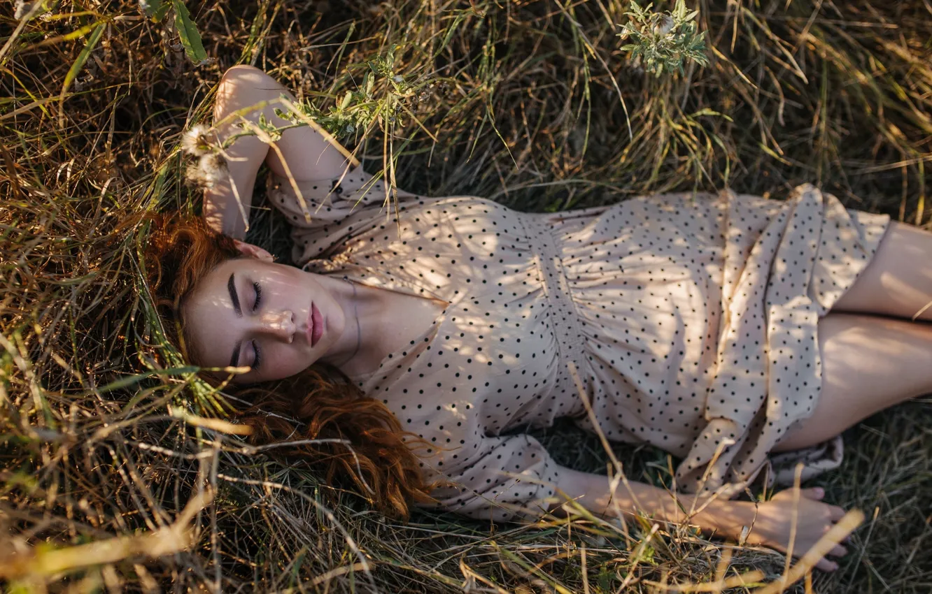 Photo wallpaper grass, girl, light, nature, pose, dress, red