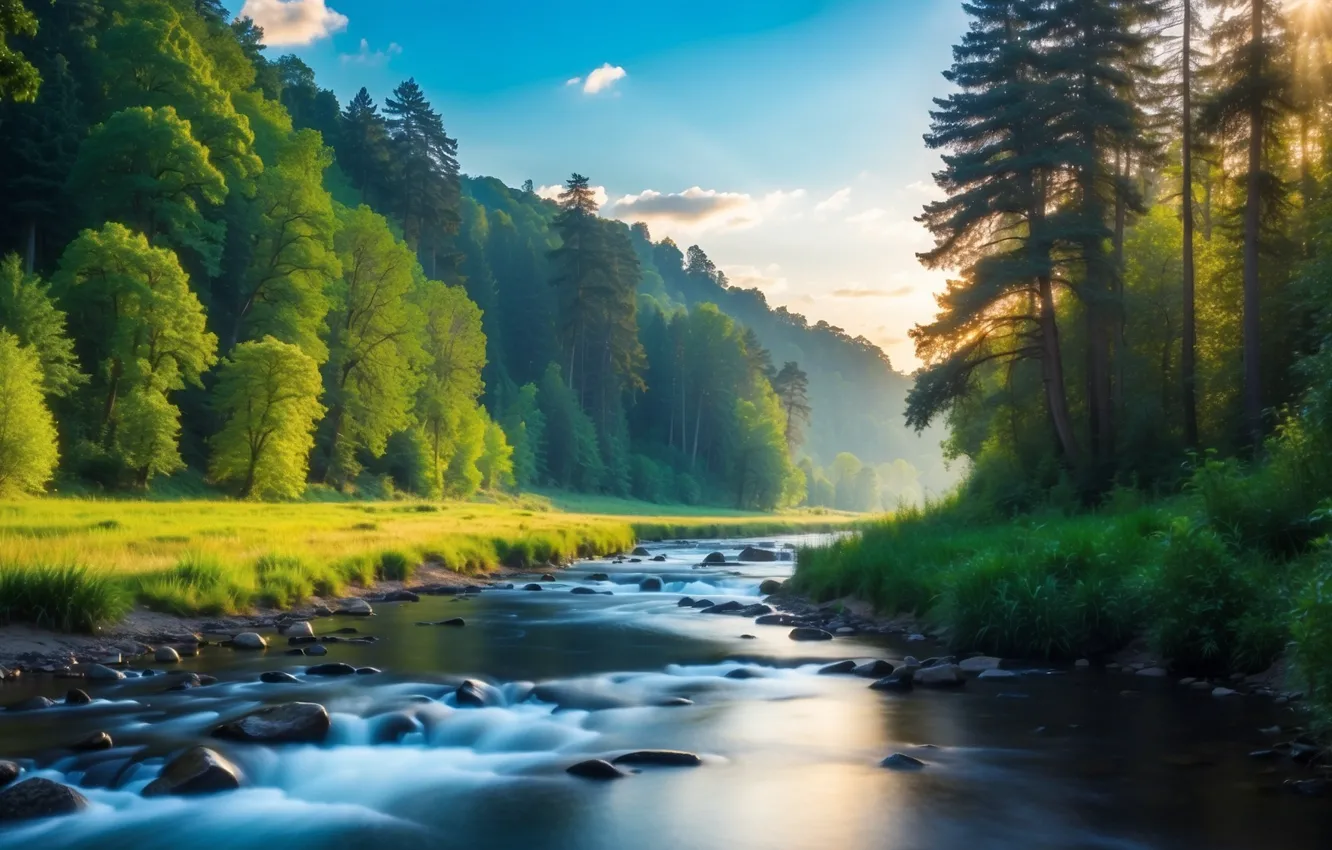 Photo wallpaper forest, river, trees, jungle, nature, stream