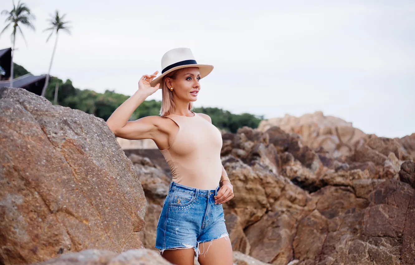 Photo wallpaper girl, shorts, dress, hat, beautiful, model, sweet, look