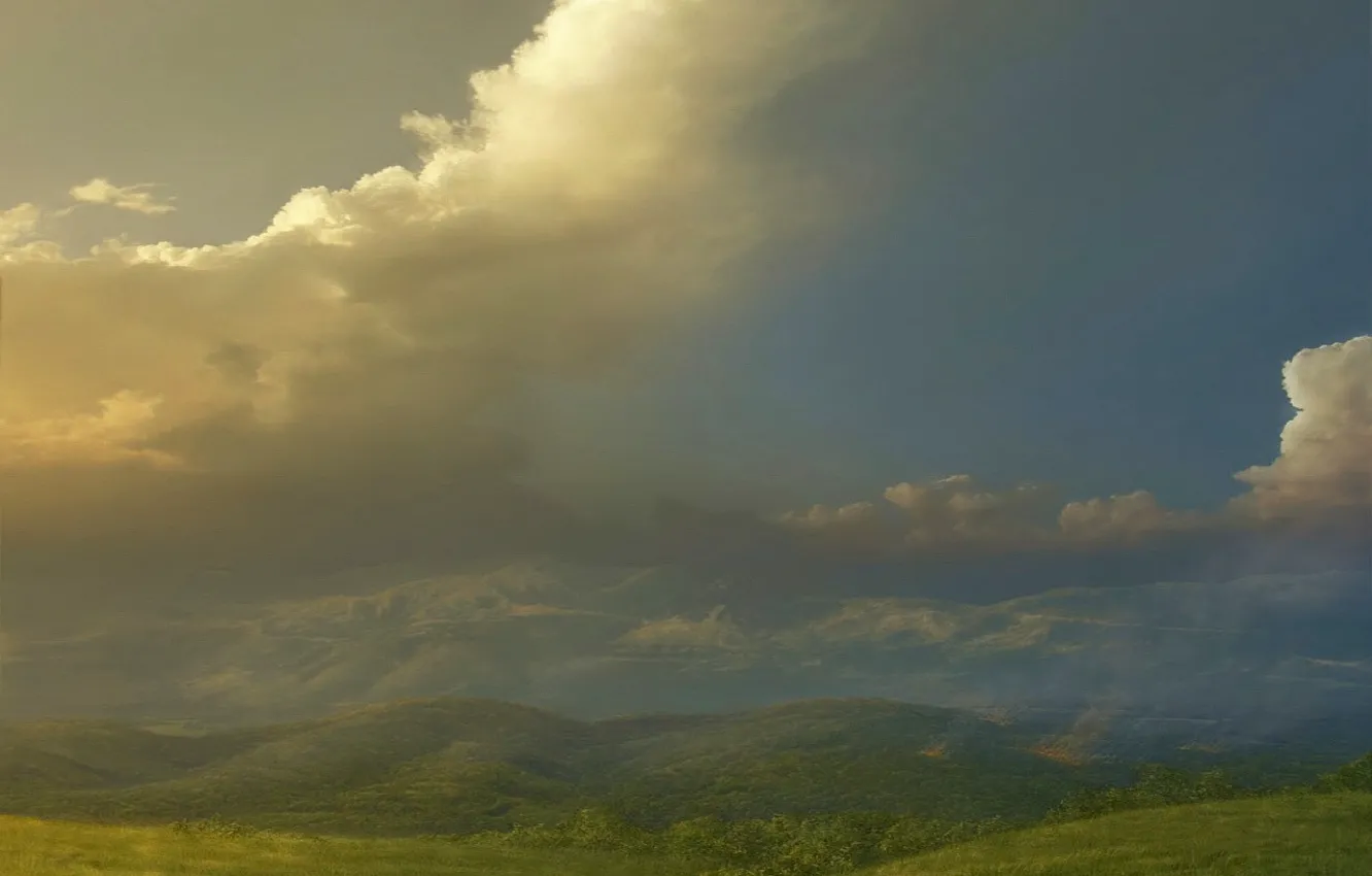 Photo wallpaper clouds, hills