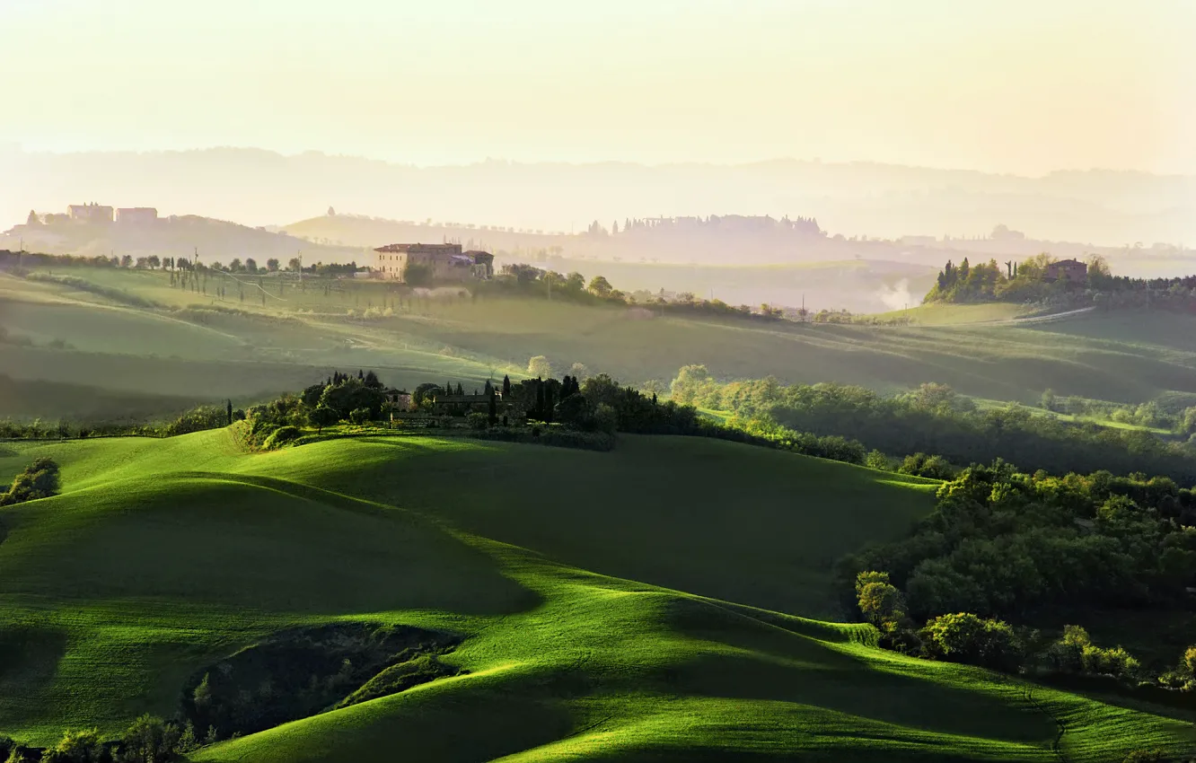 Photo wallpaper field, trees, dawn, hills, home, morning, Italy, haze