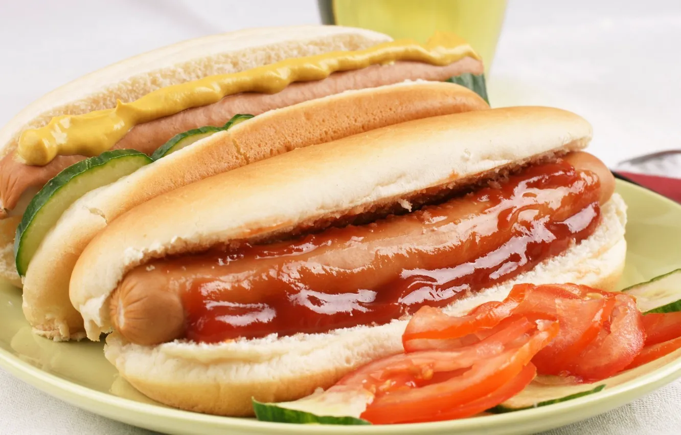 Photo wallpaper food, tomato, ketchup, sausage, fast food, bun, fast food, mustard