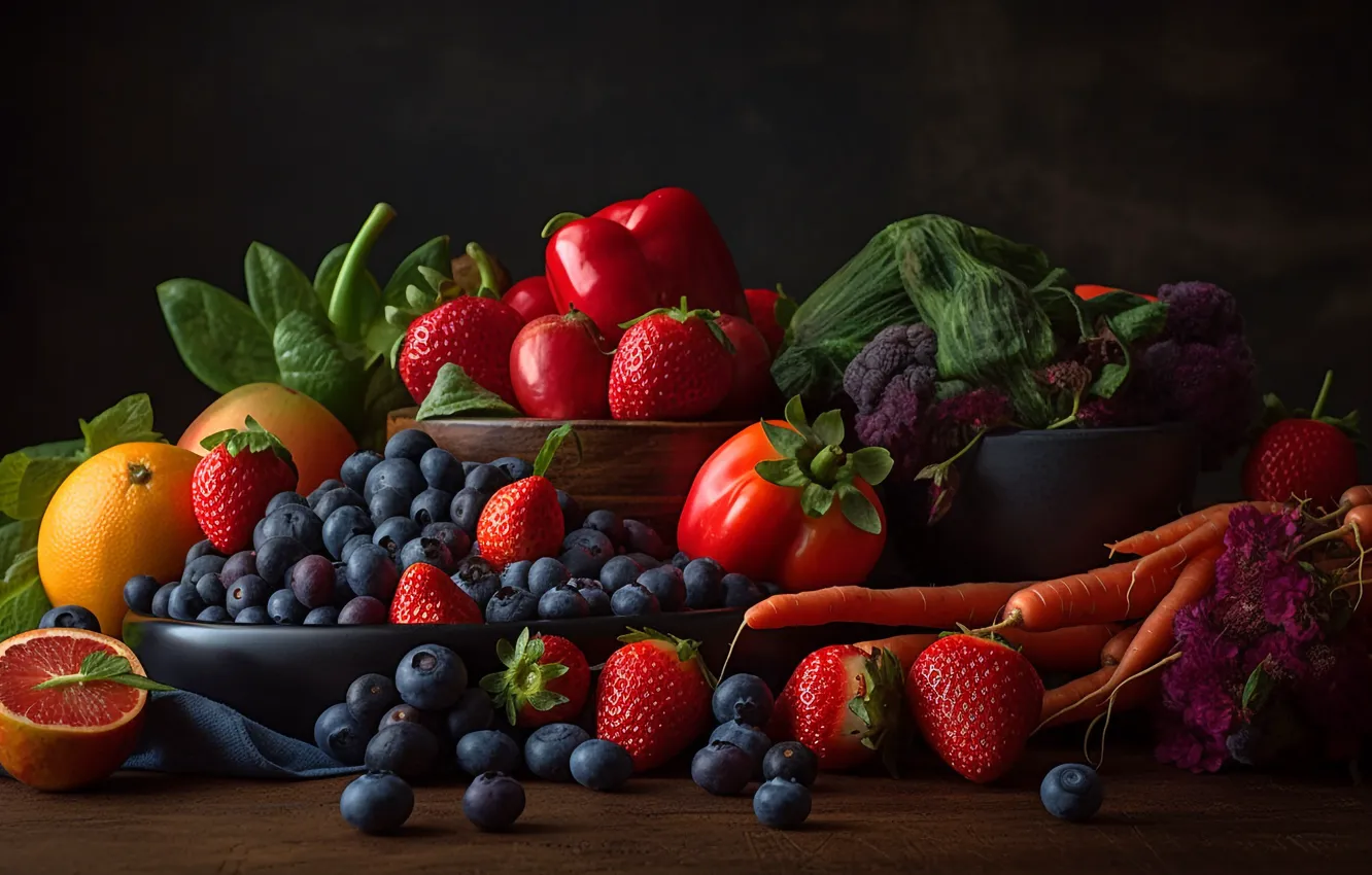 Photo wallpaper berries, table, food, blueberries, strawberry, citrus, pepper, fruit