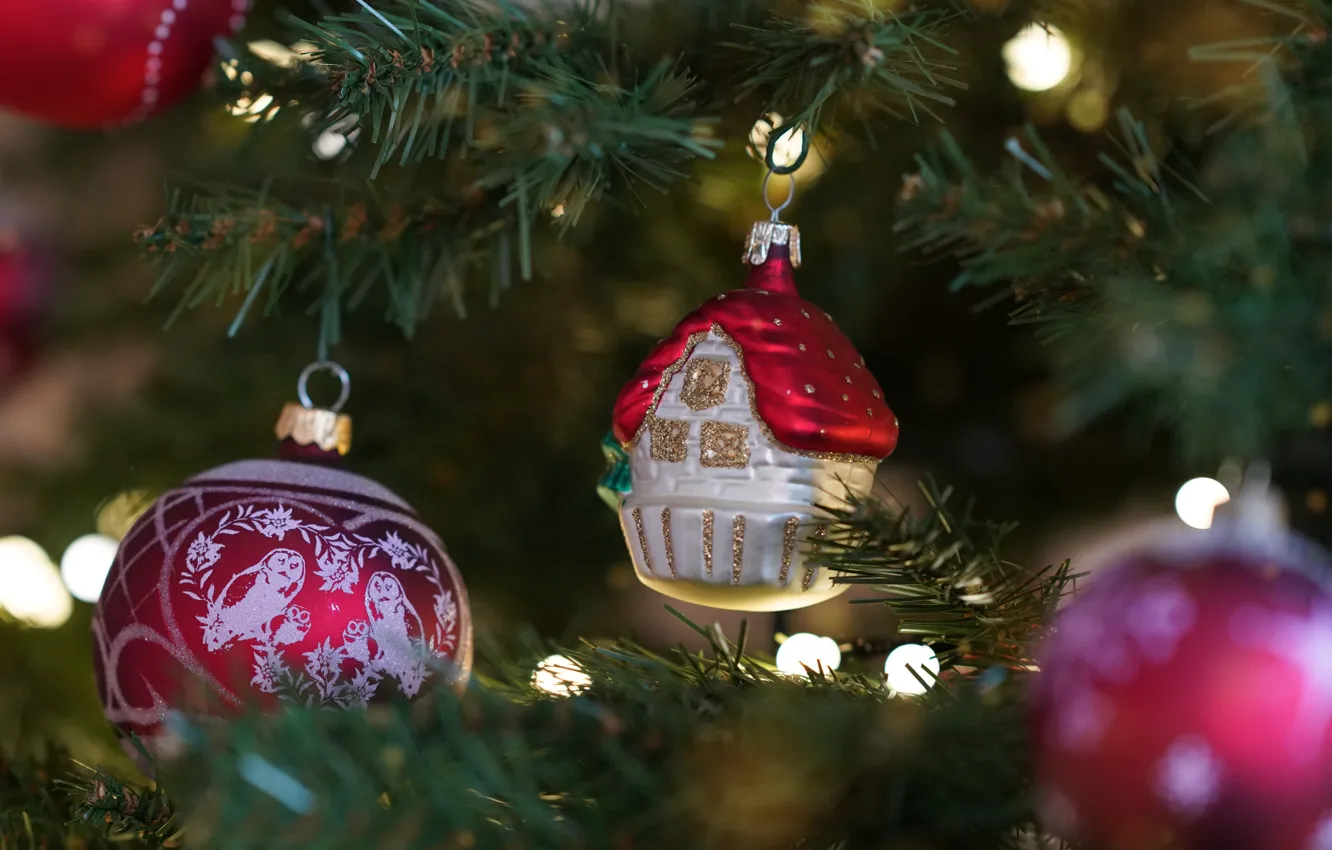 Photo wallpaper decoration, holiday, balls, toys, new year, Christmas, house, tree