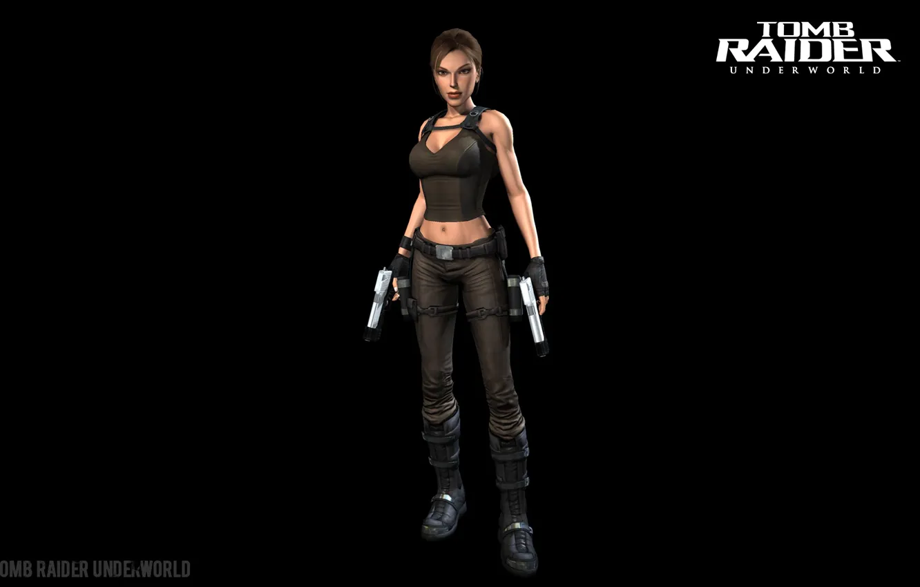 Photo wallpaper girl, gun, boots, Tomb Raider, top, Lara Croft, black background, pants