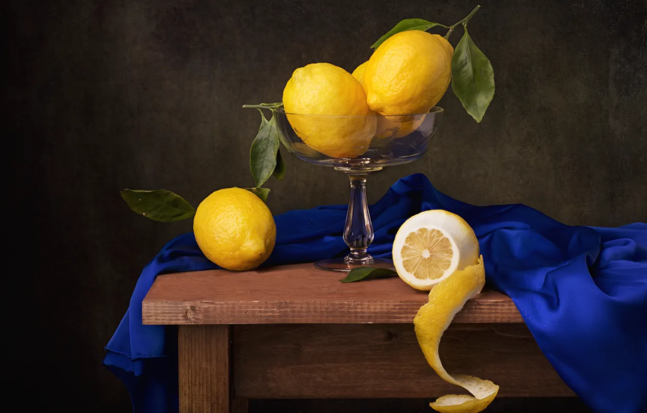 Photo wallpaper table, background, lemon, fabric, vase, still life, Maxim Vyshar