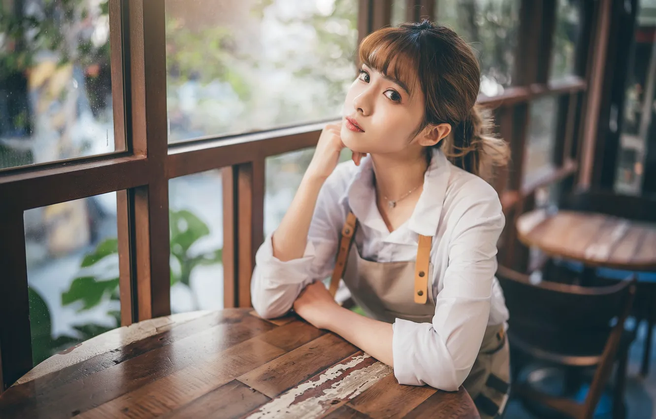 Photo wallpaper look, pose, model, portrait, hands, makeup, window, hairstyle