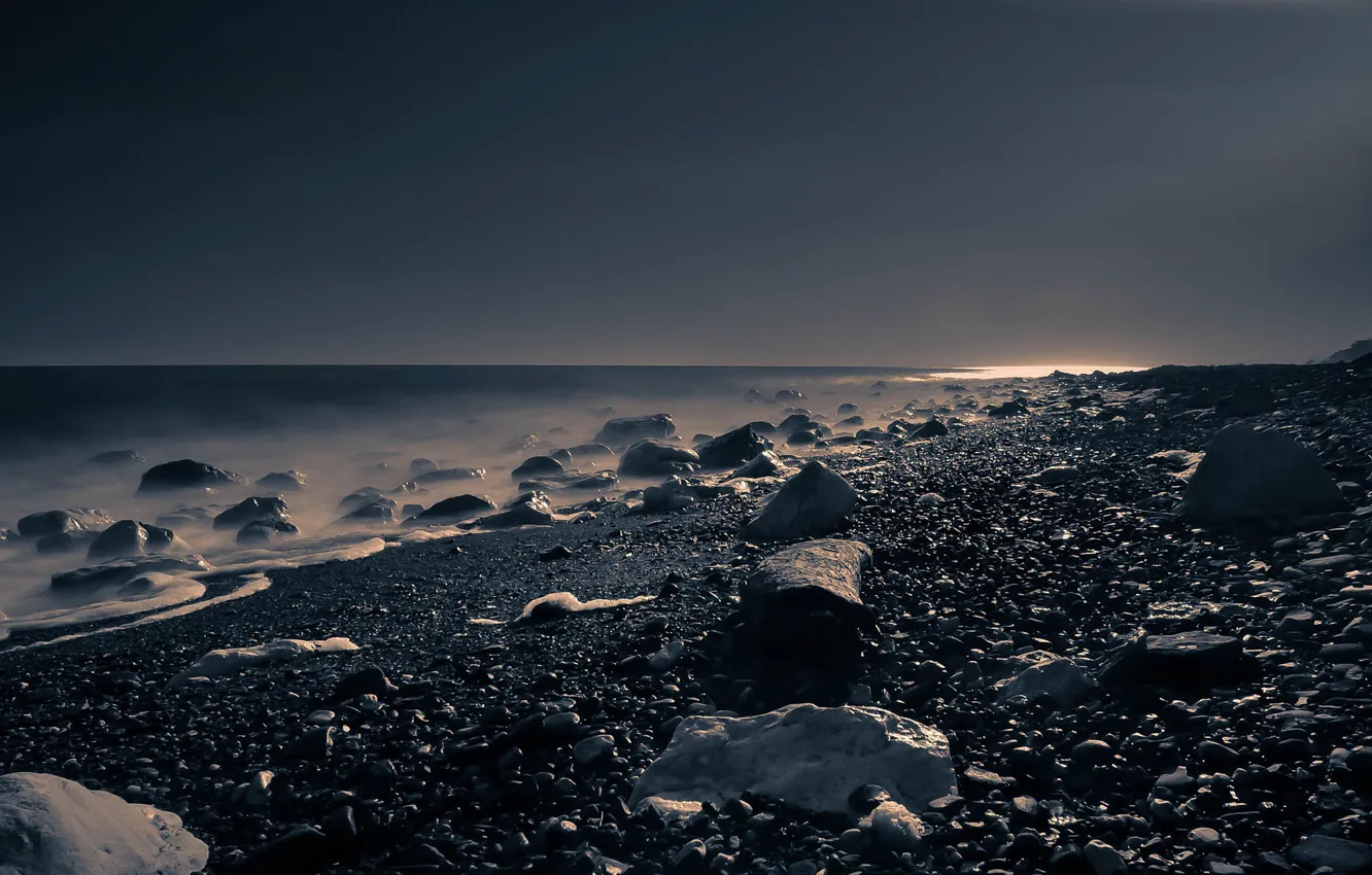 Photo wallpaper sea, beach, pebbles, stones, horizon