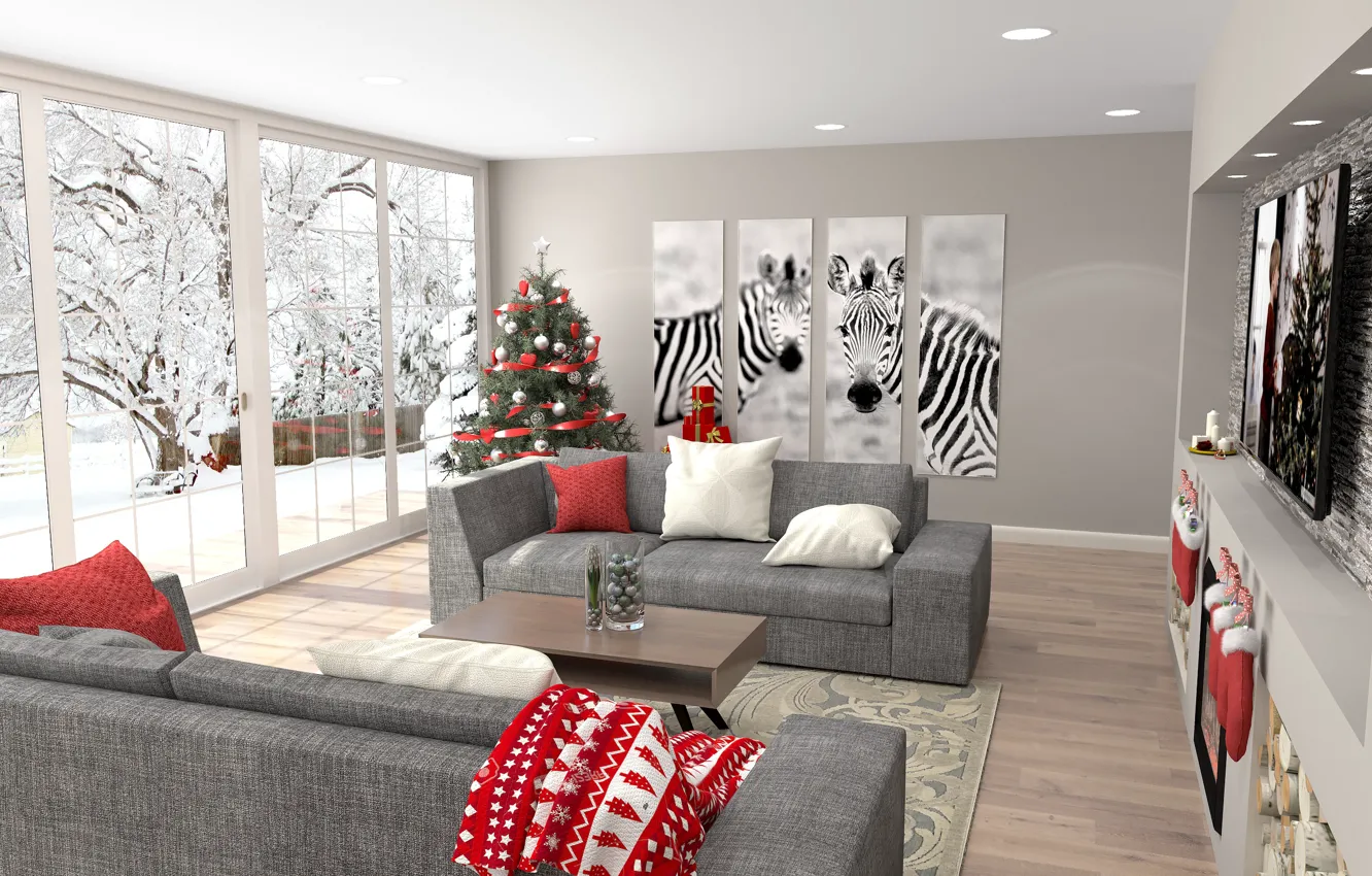Photo wallpaper christmas, new year, winter, living room, zebra, christmas tree