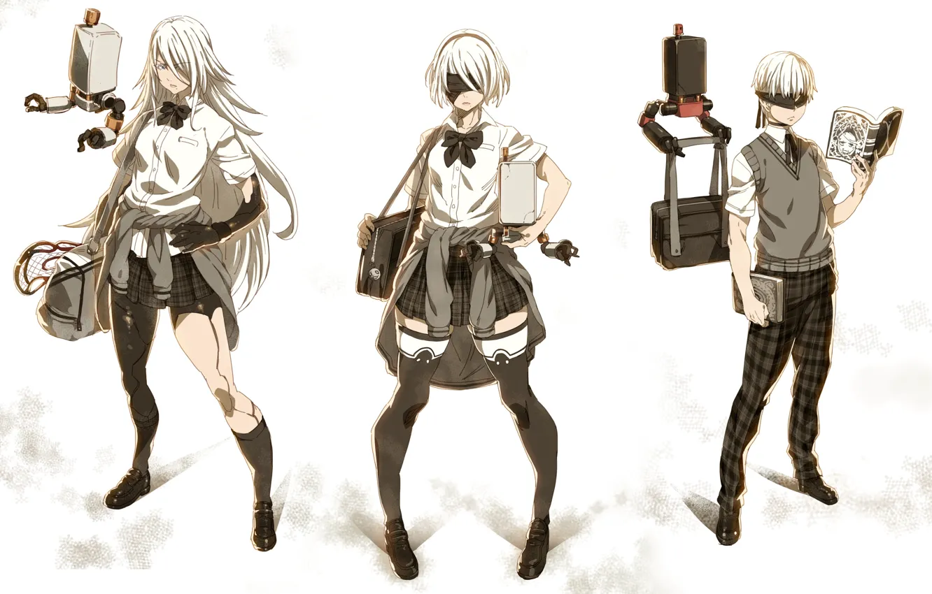 Photo wallpaper girl, guy, trio, three, students, Nier Automata