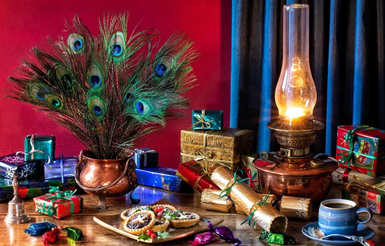 Photo wallpaper style, gift, lamp, new year, coffee, Christmas, candy, cake