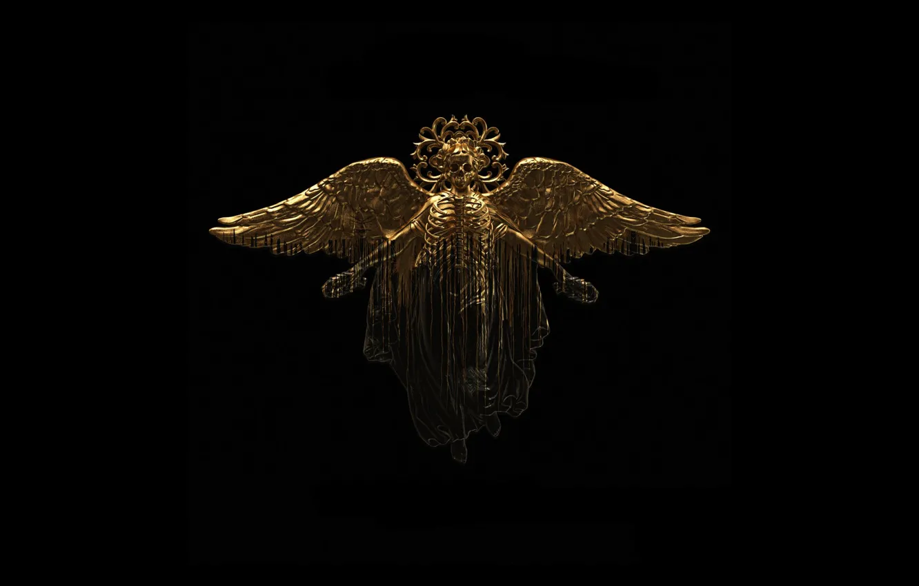 Photo wallpaper gold, skull, wings, angel, skeleton, black background