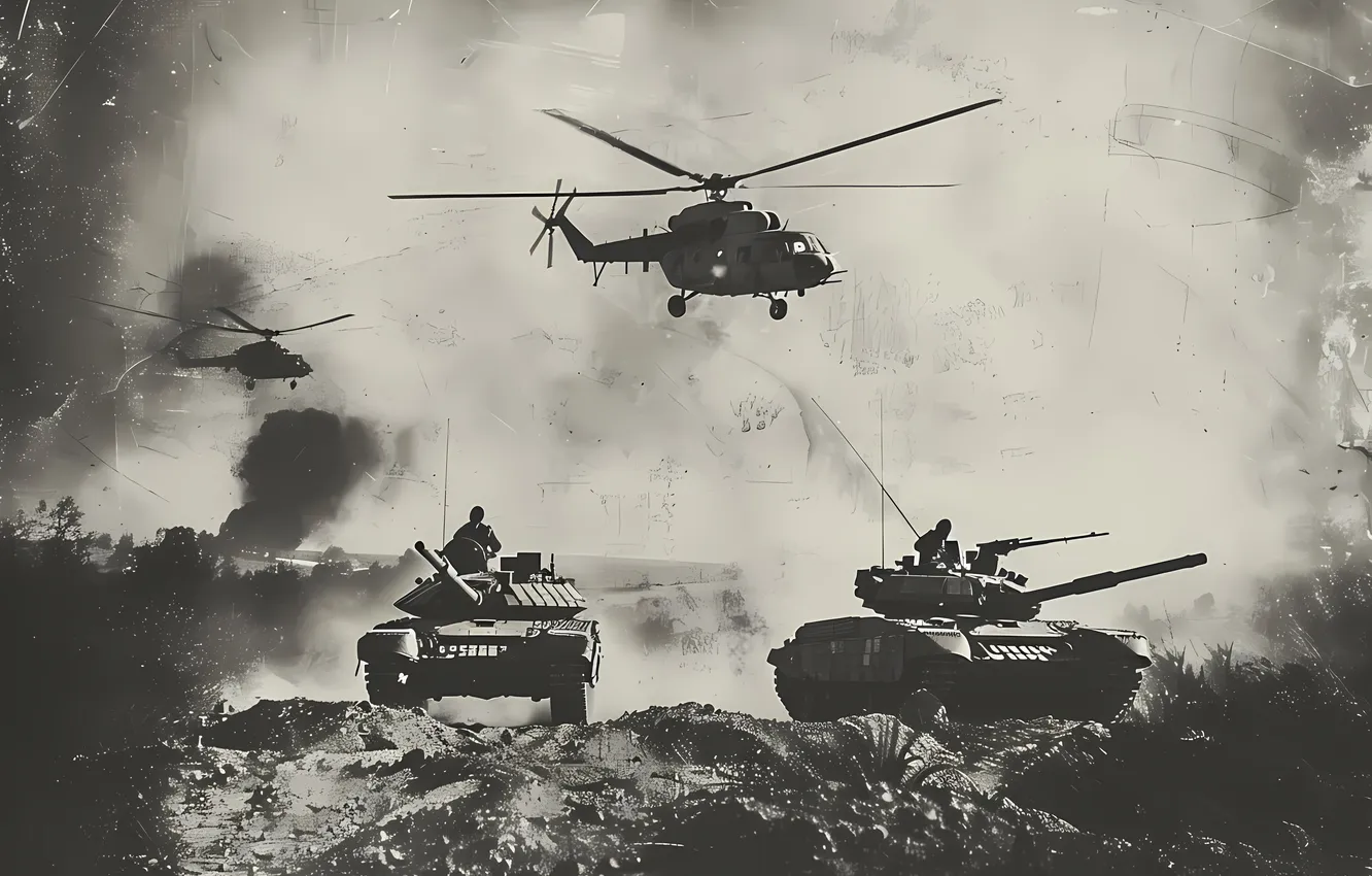 Photo wallpaper retro, smoke, dust, tank, black and white, helicopter, digital art, AI art