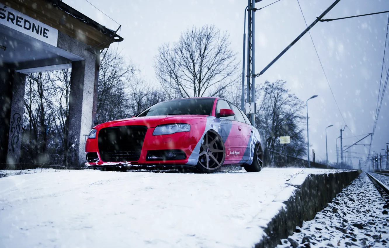 Photo wallpaper Audi, red, snow, Garage, Before, Audi A4, A4 B7