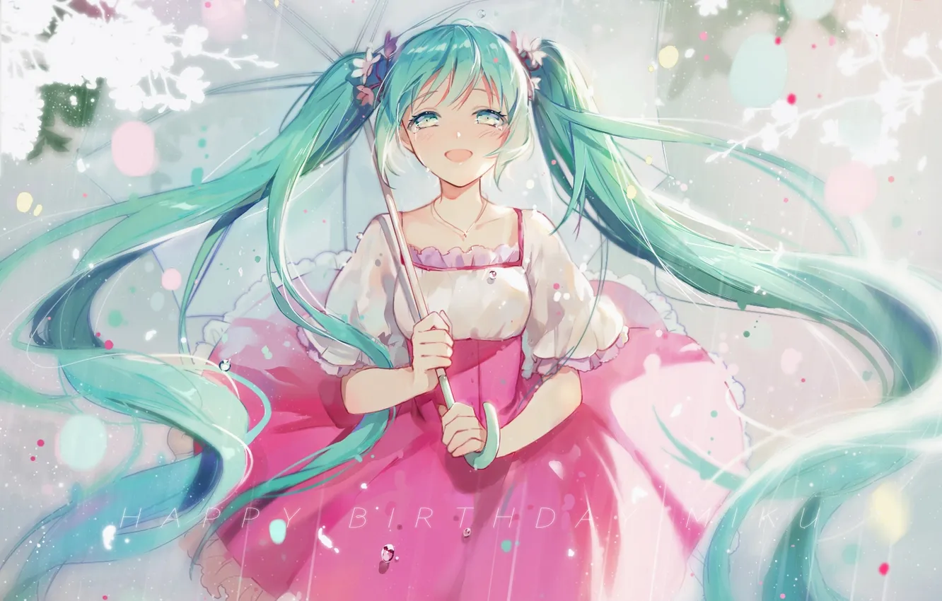 Photo wallpaper girl, flowers, rain, umbrella, anime, tears, art, vocaloid