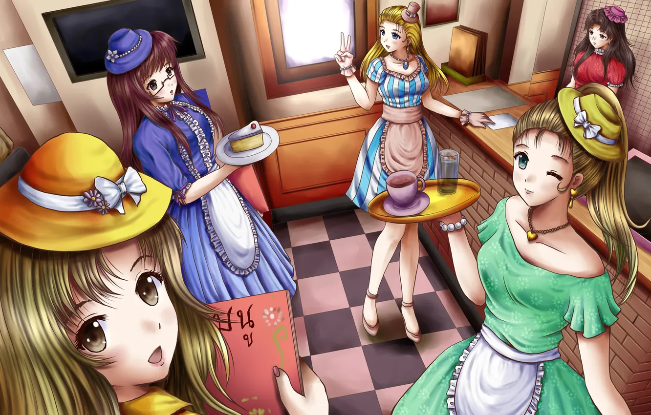 Photo wallpaper look, girl, smile, food, cafe, drink, menu, art