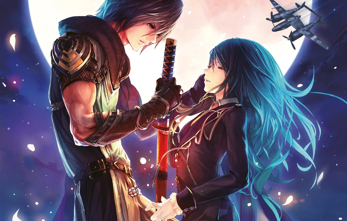 Photo wallpaper the sky, girl, night, weapons, the moon, sword, anime, petals