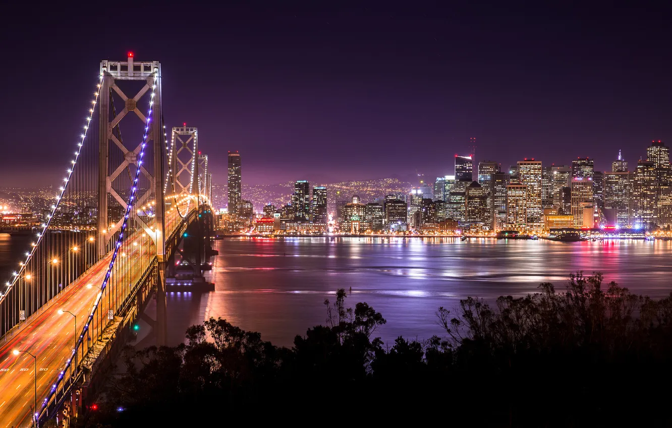 Photo wallpaper night, the city, excerpt, CA, San Francisco, USA, bay bridge, bridge from San Francisco to …