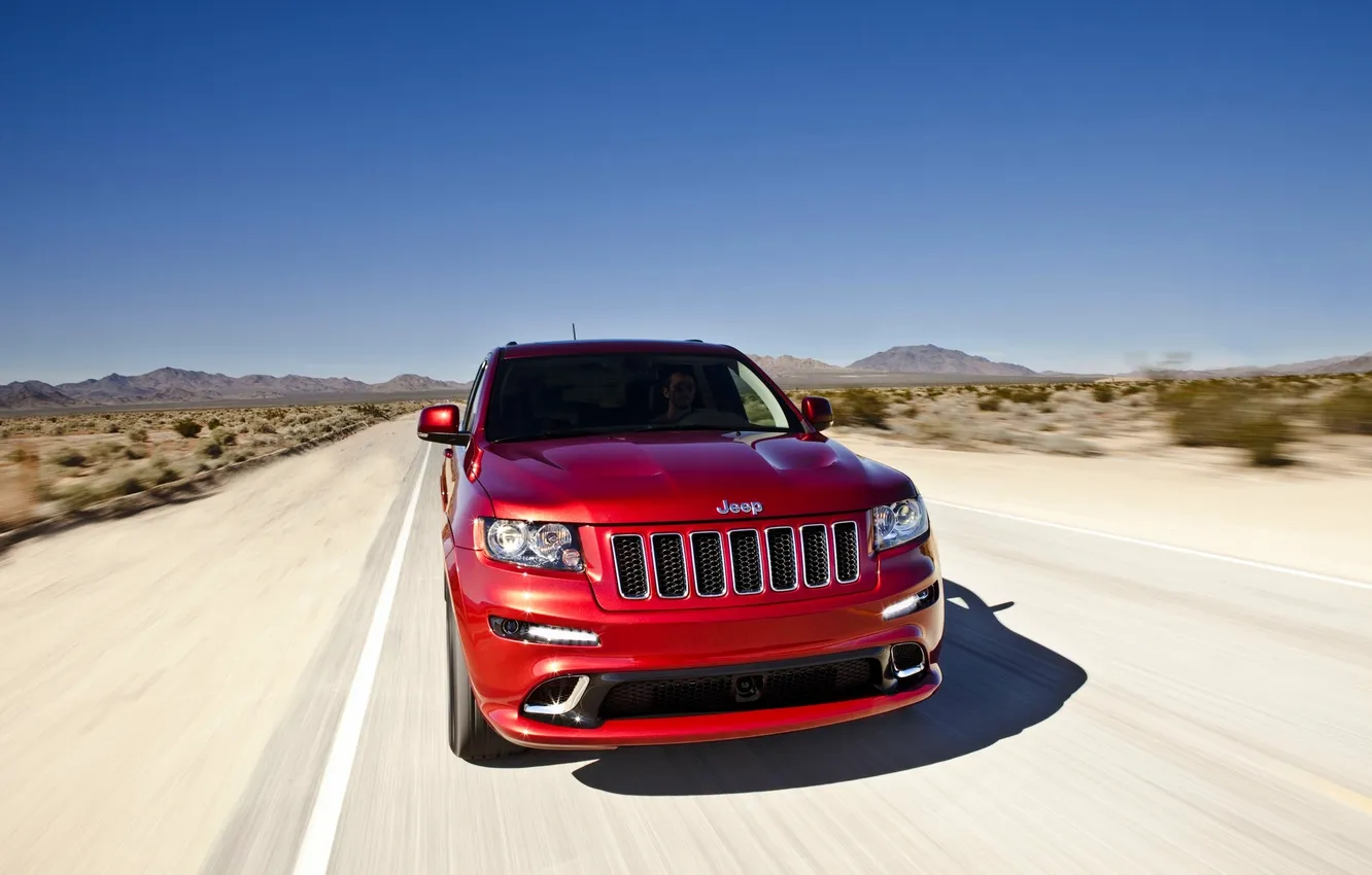 Photo wallpaper road, the sky, red, The hood, the front, Jeep, GRANDCHEROKEE