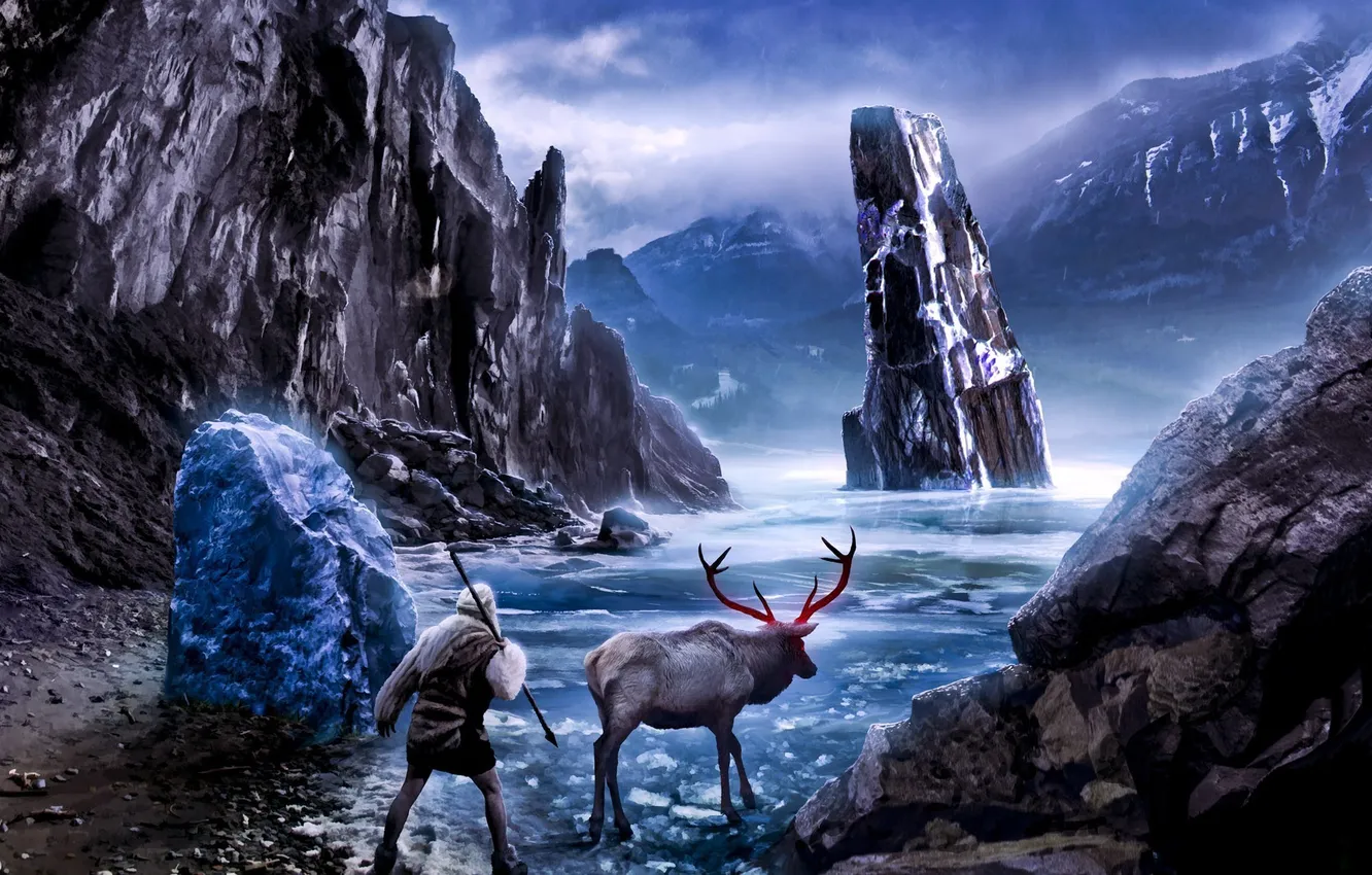 Photo wallpaper ice, lake, animal, people, deer, ice, spear, romance of the Apocalypse