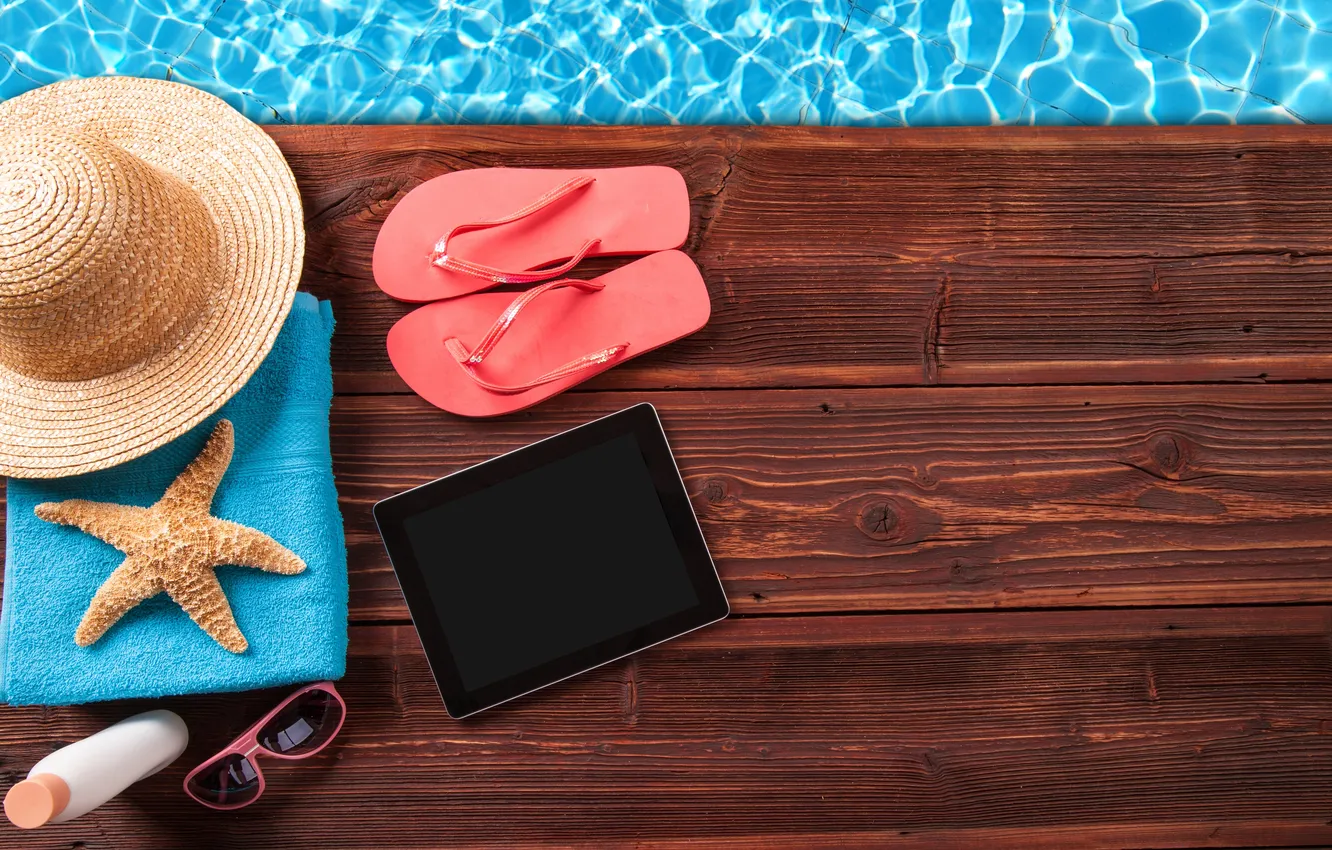 Photo wallpaper water, Board, towel, hat, starfish, cream, slates