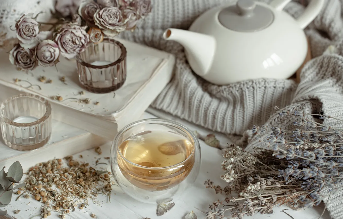 Photo wallpaper flowers, comfort, heat, tea, Board, roses, chamomile, bouquet