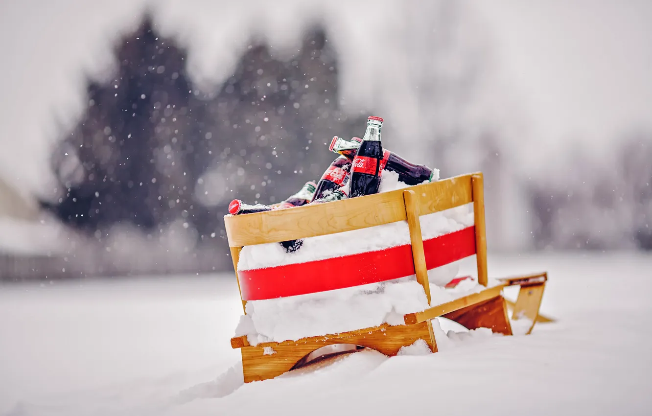 Photo wallpaper winter, snow, snowflakes, bottle, drink, sled, coca-cola, bottle