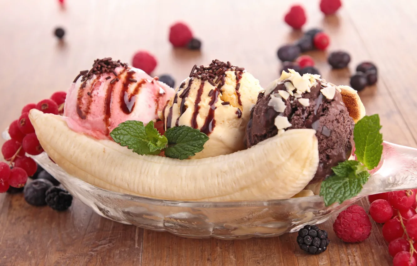 Photo wallpaper raspberry, chocolate, ice cream, banana, mint, dessert, BlackBerry