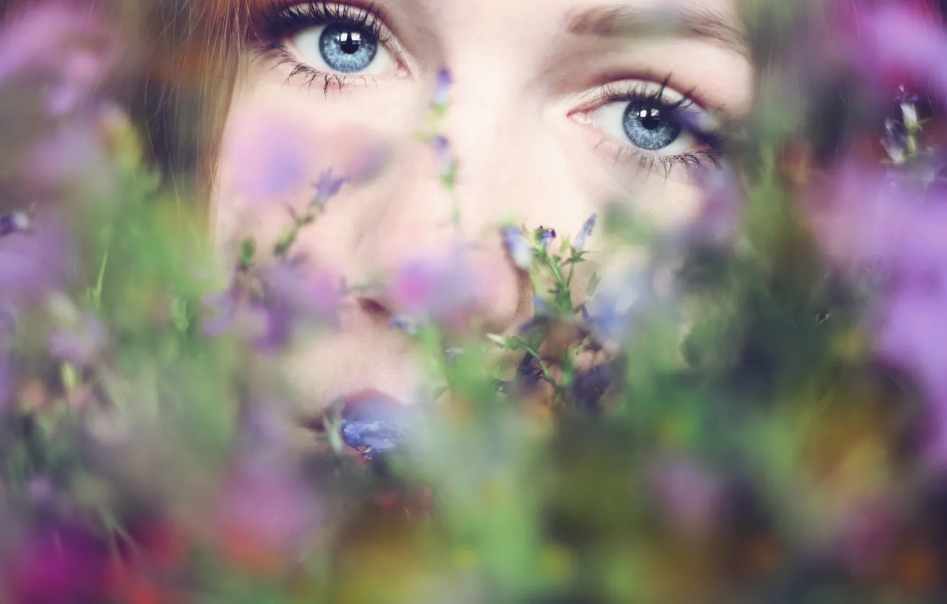 Photo wallpaper eyes, girl, flowers, face