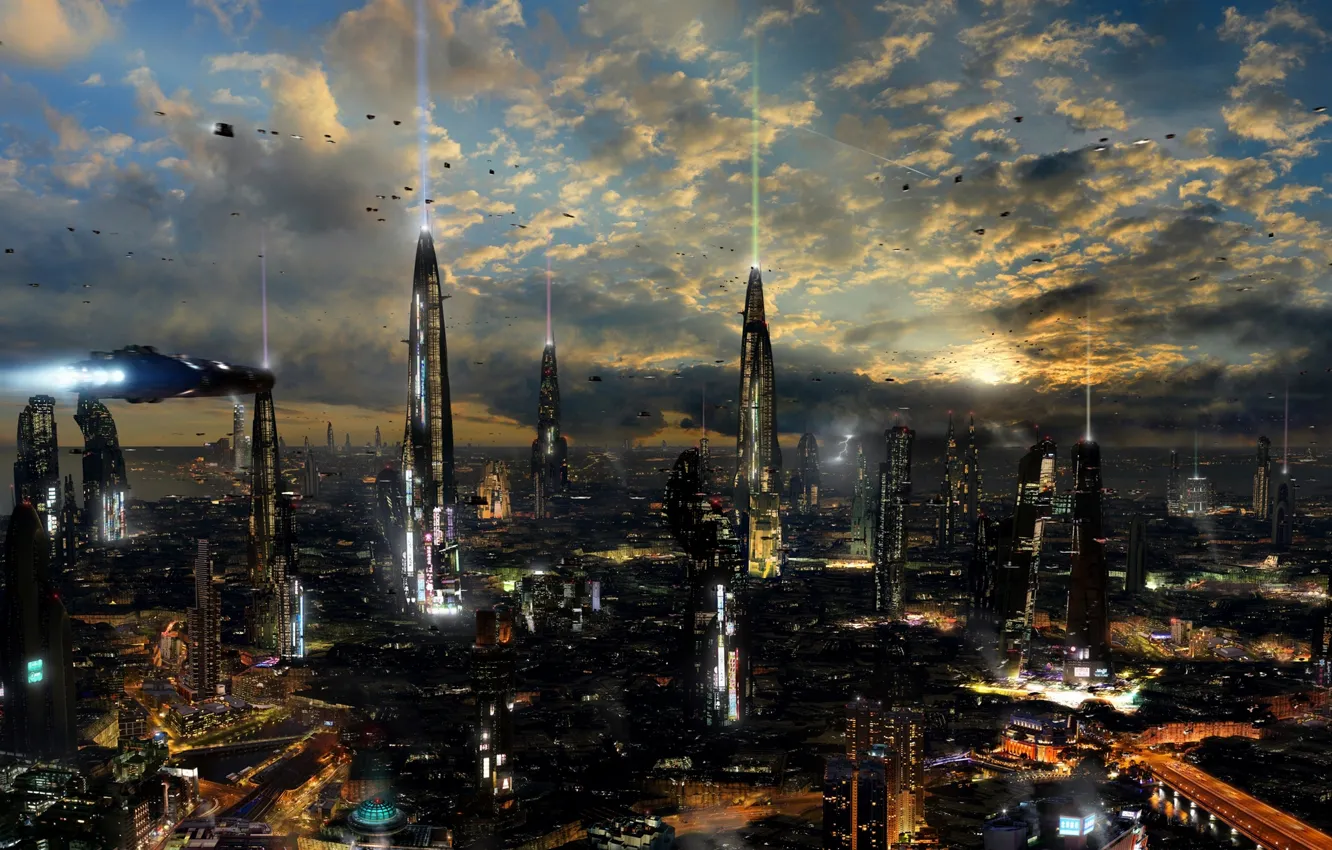 Photo wallpaper clouds, the city, lights, future, building, road, planet, ships