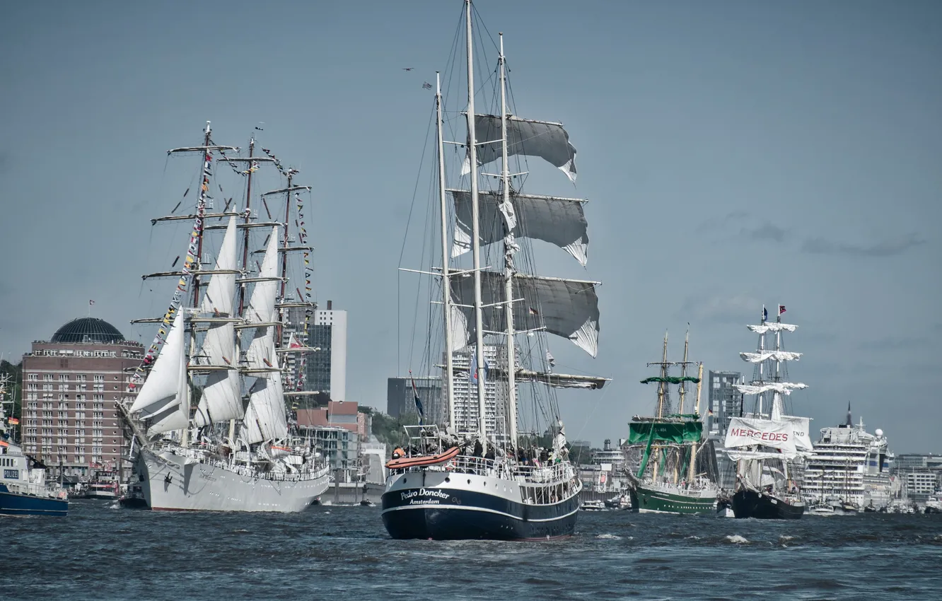 Photo wallpaper river, ships, Germany, Elba, parade, Hamburg, Germany, sailboats