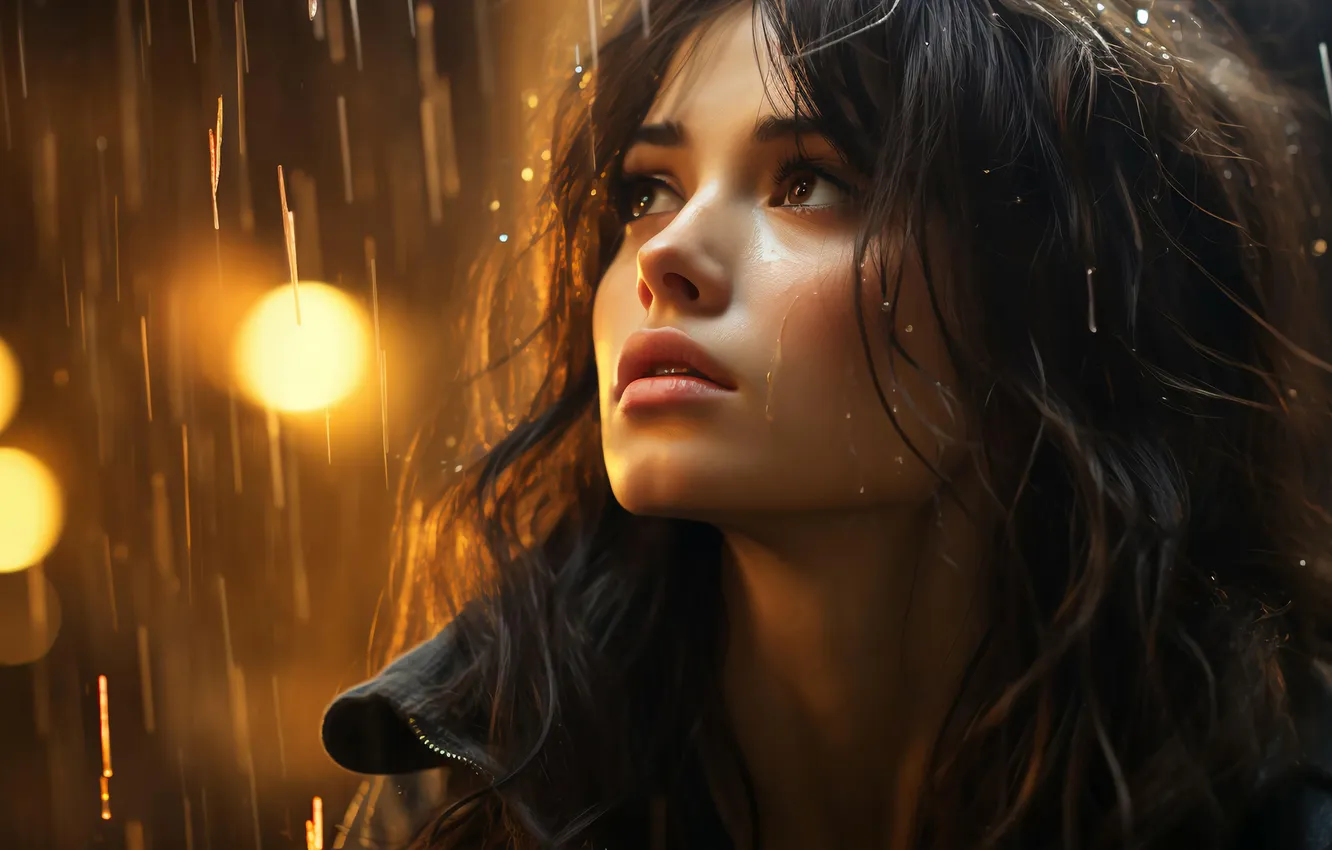 Photo wallpaper look, girl, drops, lights, pose, rain, portrait, brunette