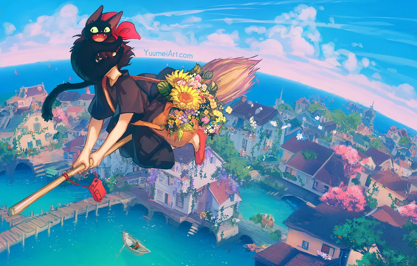 Photo wallpaper cat, the sky, water, girl, the city, witch, Kiki, Jiji, yuumei, Kikis Delivery Service