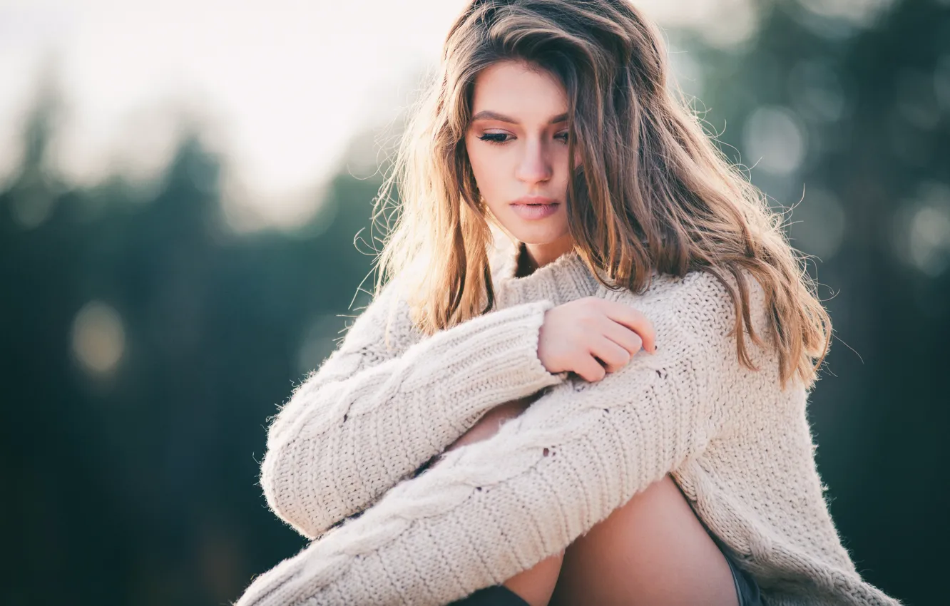 Photo wallpaper sadness, girl, face, pose, background, mood, hair, sweater